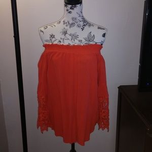 Coral Blouse with lace sleeves